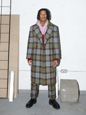 Matching Lichen check wool overcoat with trouser set. Can be worn as a suit.