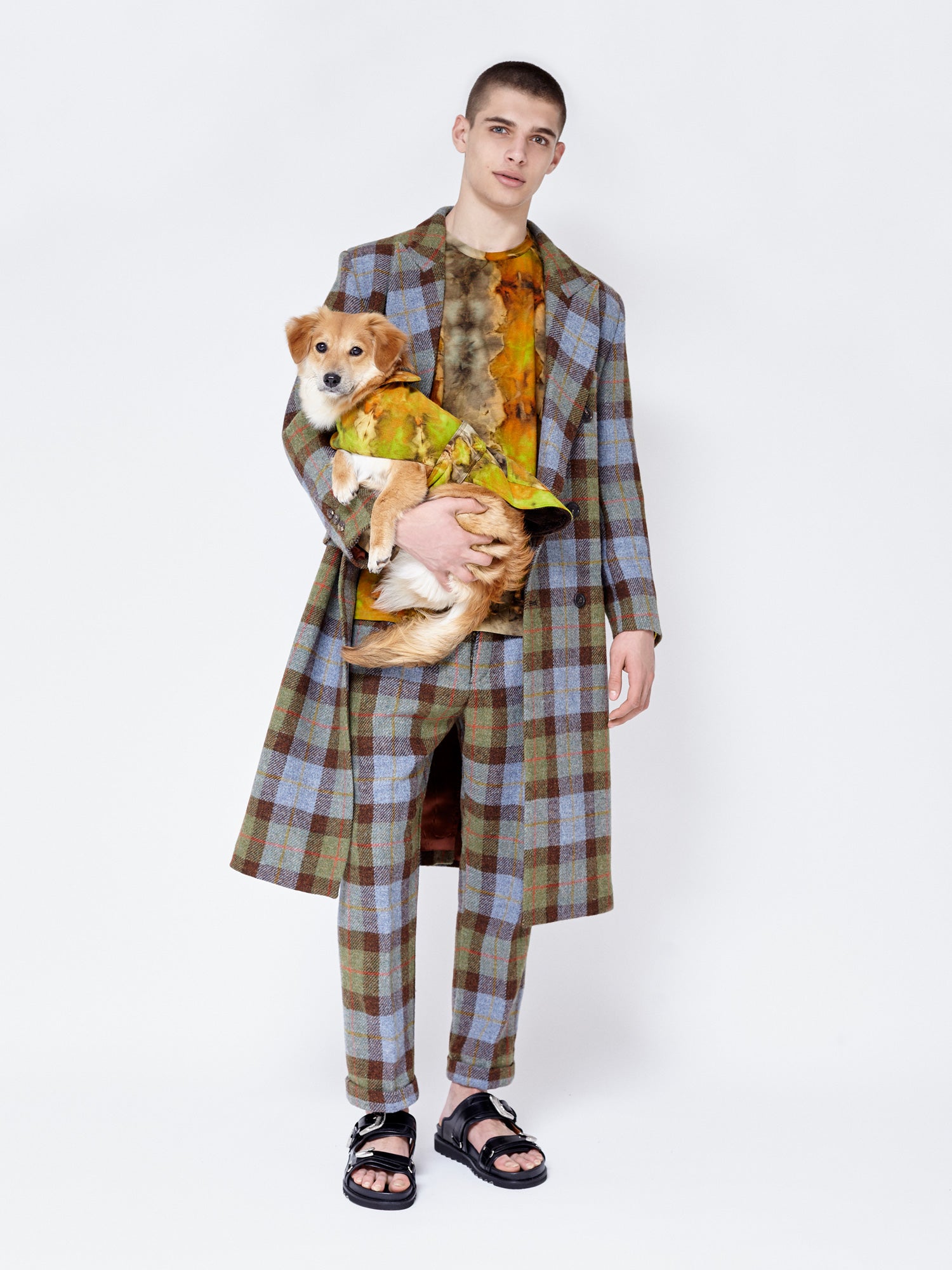 Matching wool check, coat with pleated trouser. Matching Tie Dye longsleeve tee with dog coat. Matching set. 