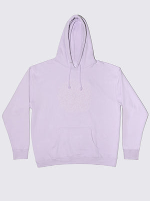 Comfort wear. Flat lay image of lilac hoodie with multicolour tonal mycelium embroidery.