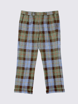 Flat lay of the Pleated straight leg trouser in Lichen check wool. Sky blue, leaf green and earth colours make up the natural coloured check