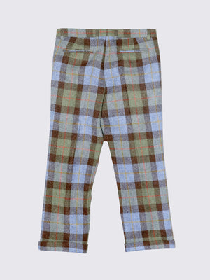 Flat lay image of the back of checked trousers. Welt pockets at back. 