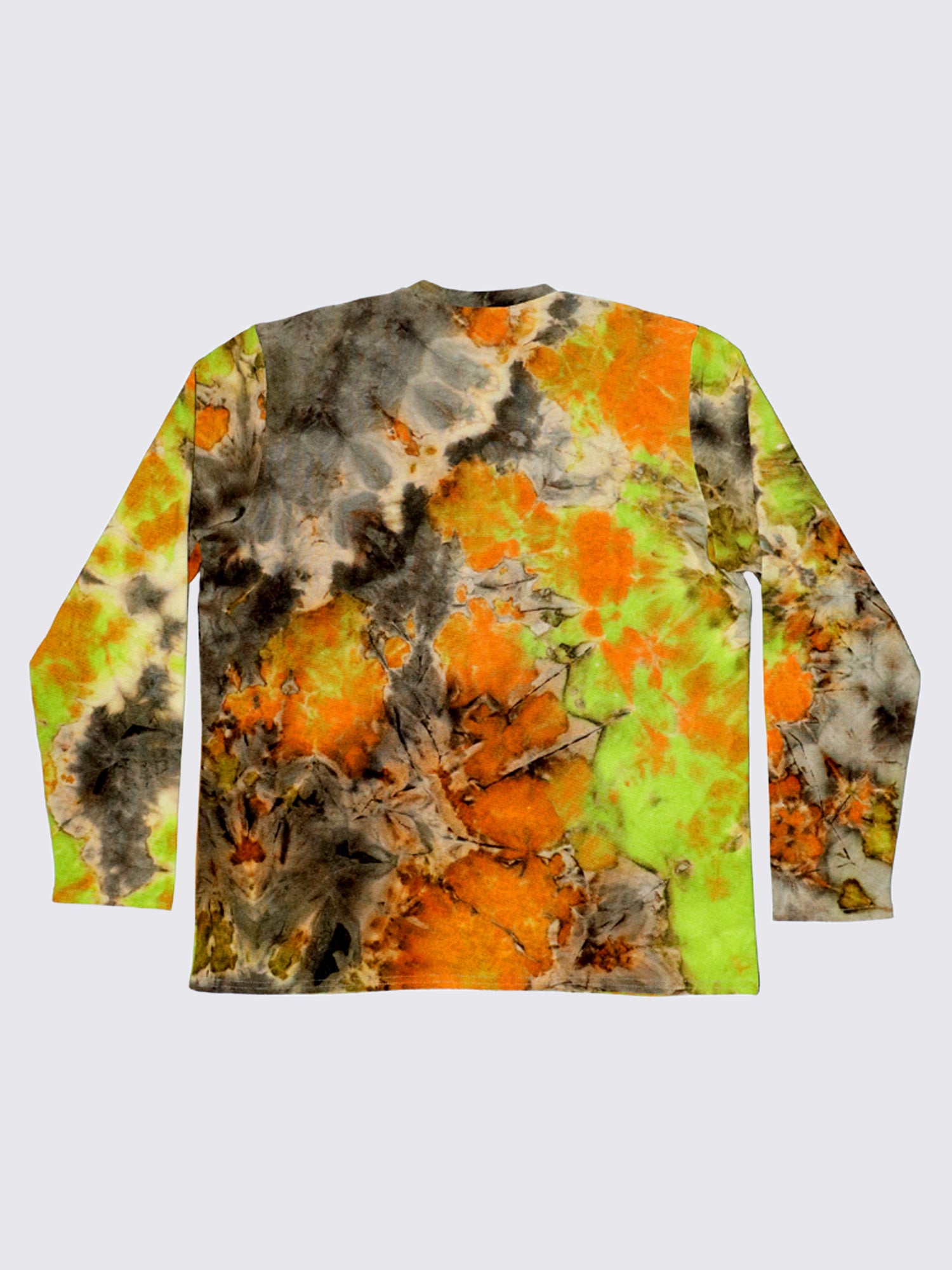 Vibrant colours make up the print of a longsleeve tee. Orange, charcoal green. The pattern is almost morphing.