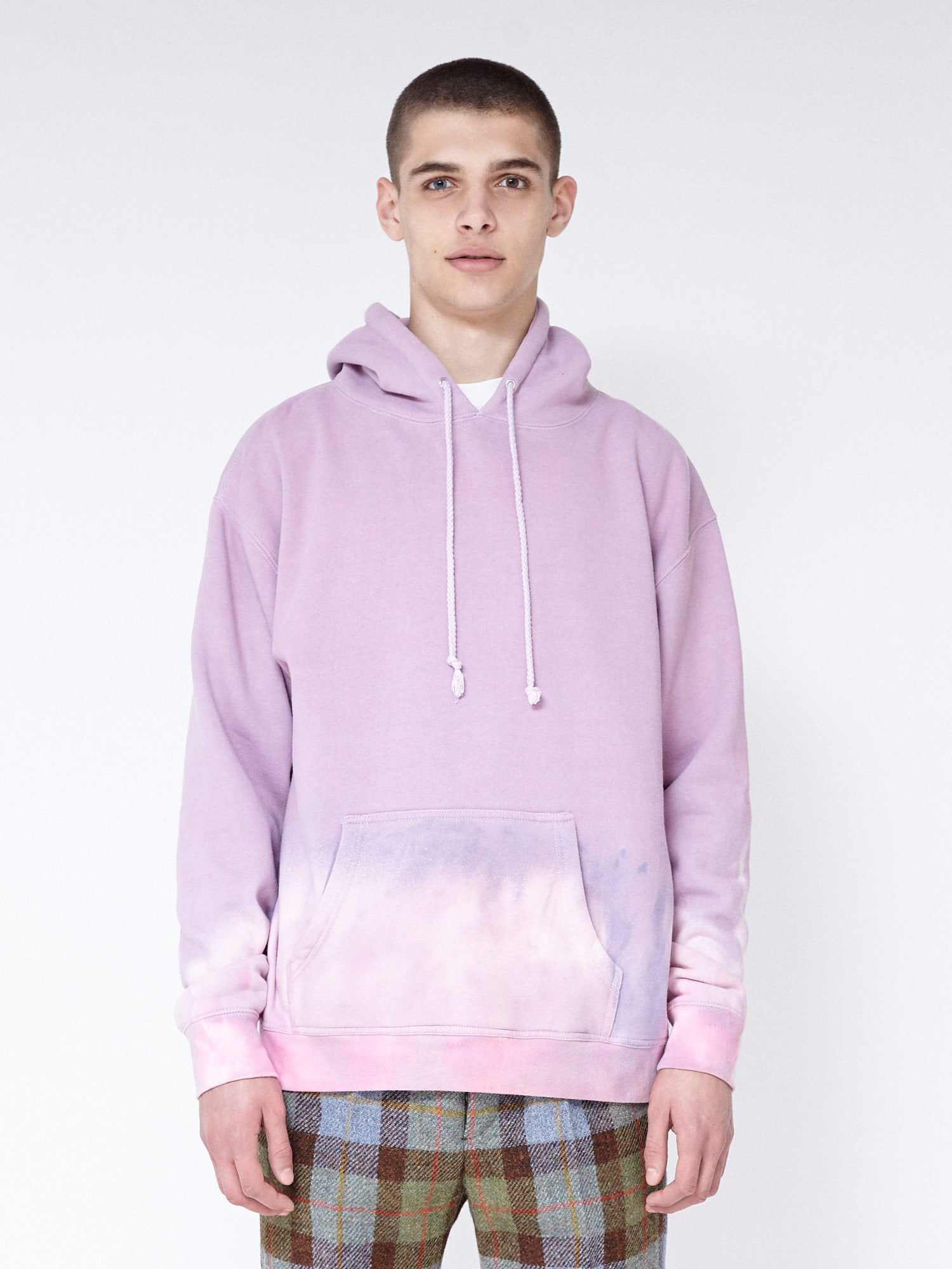 Tie dye relaxed hoodie in a lilac, pink, bleached sleeves and hem.