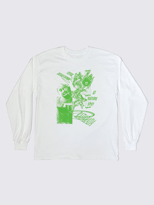 Flat lay shot of printed long sleeve t shirt. Print is vibrant green on white.