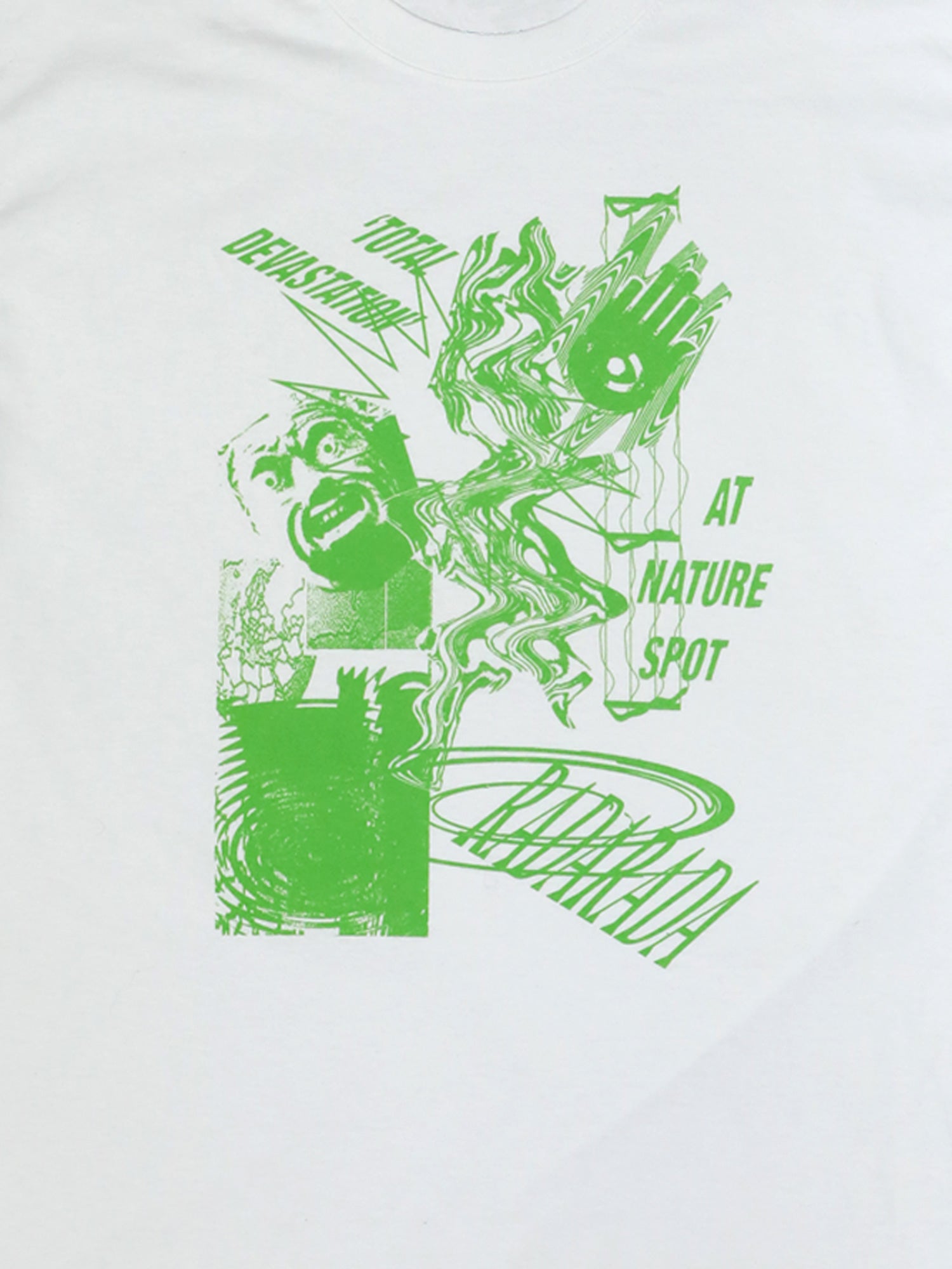 Close up of print. Green print on white longsleeve t-shirt. Tee reads: Total Devastation at nature spot. RadaRada. Artwork by London artist, Swirly.