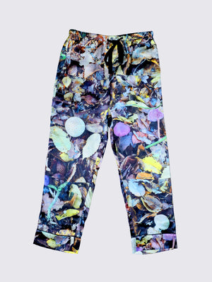 Colourful Epping Forest printed silk pj bottoms. Digitally printed photos of fungi, vibrant colours. 