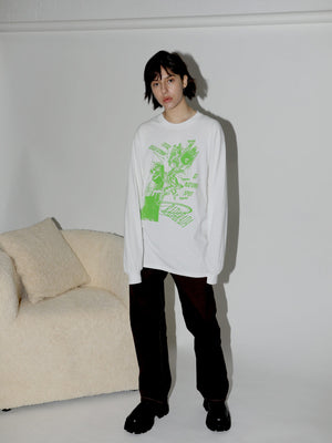 Unisex, white longsleeve t-shirt with green print. Print reads: Total Devastation at Nature Spot. Print by London artist, Swirly.